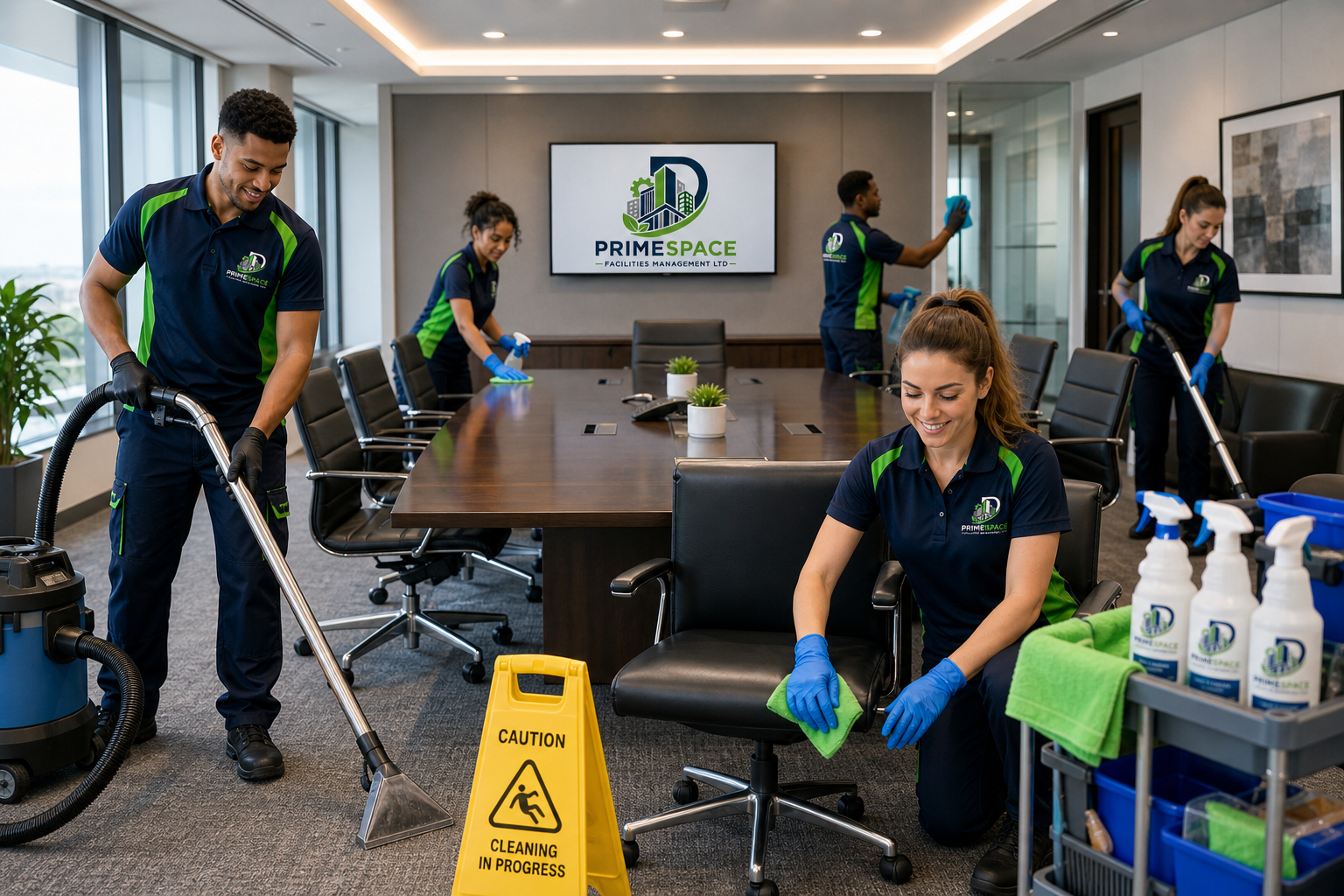 PrimeSpace team cleaning a corporate boardroom